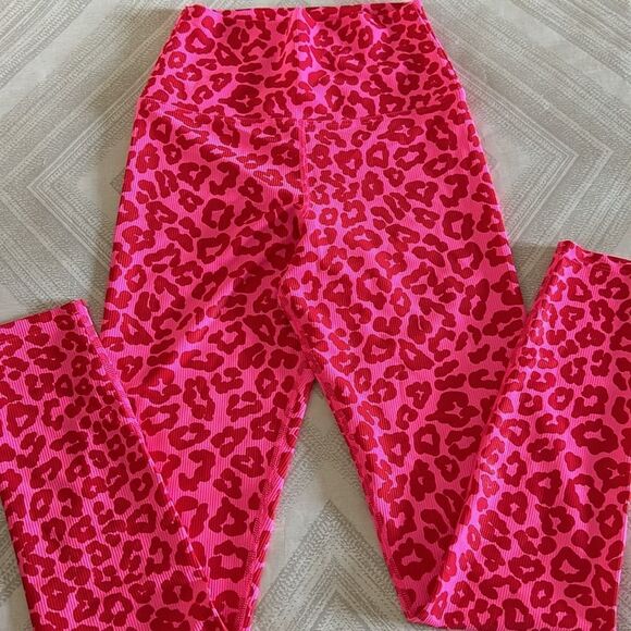 Beach Riot Women’s Pink with Red Animal Print Ribbed High Waisted Leggings - Picture 3 of 8